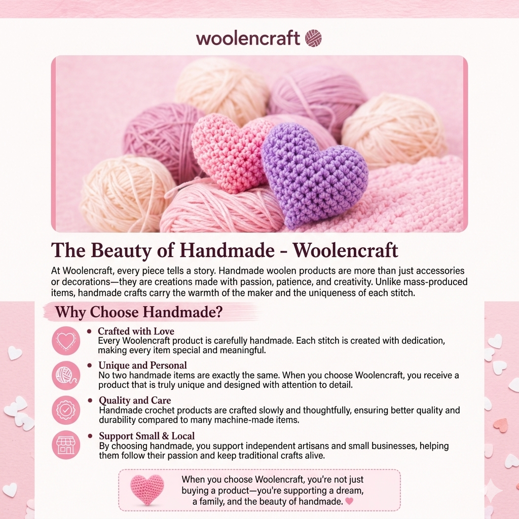 Handmade woolen crochet creations by Woolencraft with soft yarn and crochet hearts