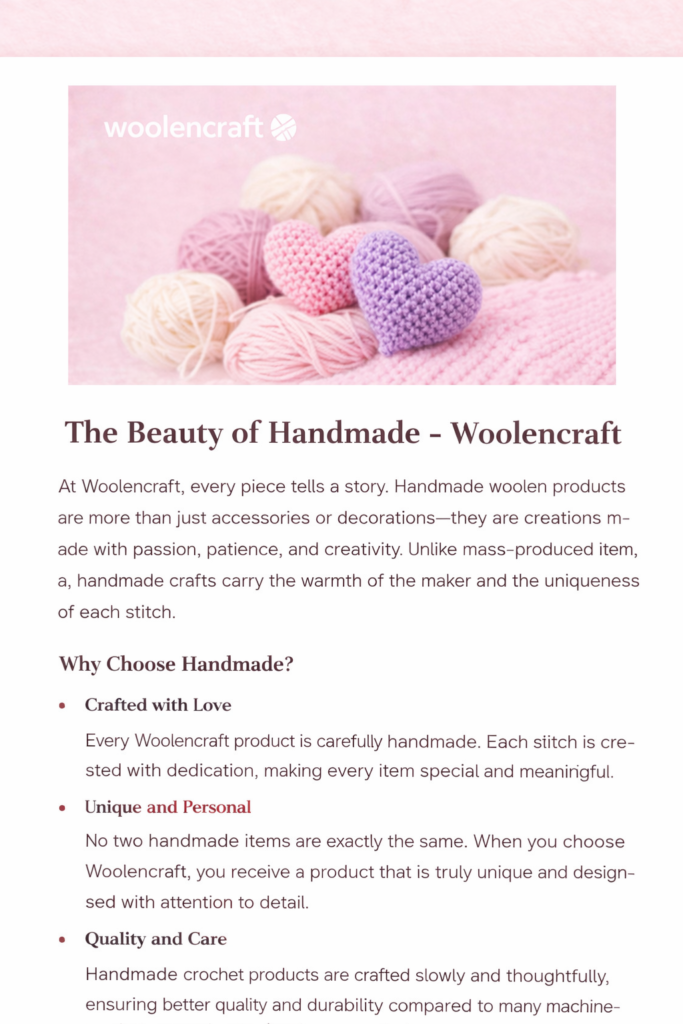 Handmade woolen crochet creations by Woolencraft with soft yarn and crochet hearts